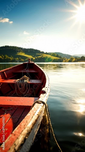 Rowboat Gently Drifting on a Peaceful Lake Under a Bright Summer Sun