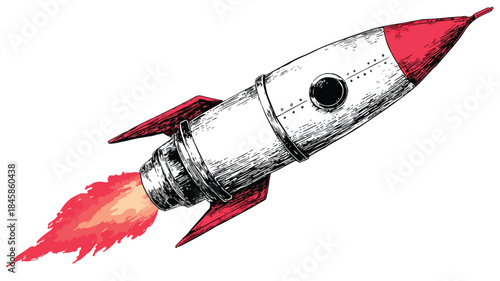 Rocket with Red Flame Vector Illustration for Space Exploration and Adventure