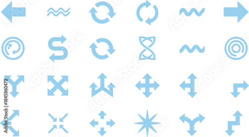 Set of light blue vector arrow icons featuring various directional shapes and recycling symbols for user interface design.