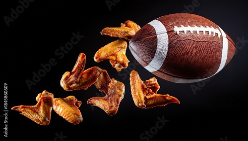 chicken wings falling with american football on black background