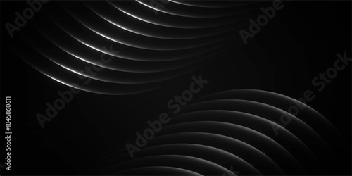 Abstract black and white digital art features a motion pattern of light curves, lines, and spiral shapes, creating a modern technology backdrop