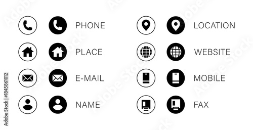 Business card icons in silhouette and fill style. Containing phone, place, location, e-mail, fax, website, mobile, name vector icons. Vector illustration.