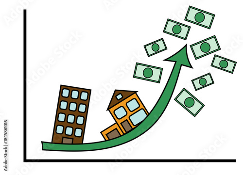 A flat appartement building and a residential one family house sitting on a green arrow going up into money bills. Concept of rising housing prices and housing crisis. Vector drawing. 