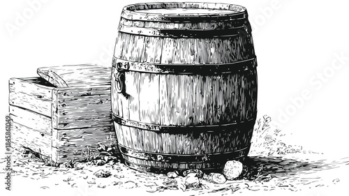 Wooden Barrel with Wood Piece Drawing for Creative Designs