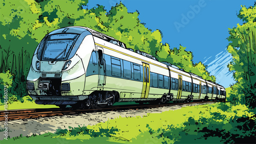 Detailed White Train Drawing on Green Tree Background for Design Projects