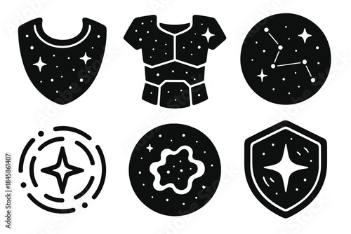 Galaxy-Themed Protection Icons. Solid style icons of galaxy-themed protection gear: gorget outlines, armor panels, star maps,