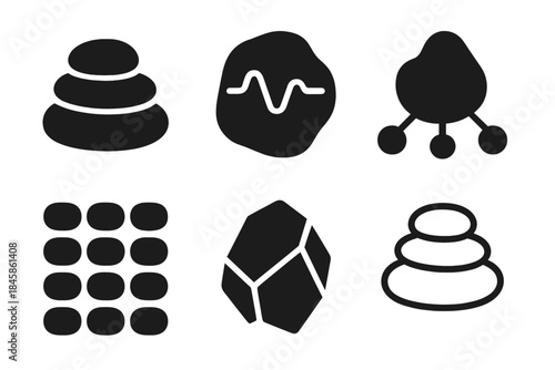 Stone Computing Icons. Solid style icons of stone-based computing systems: pebble layers, pulse lines, control nodes, instruction