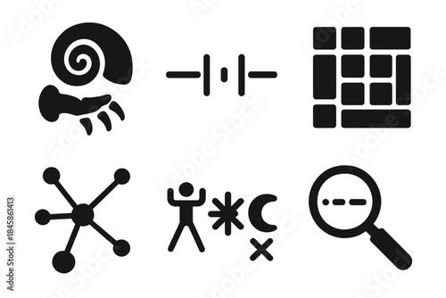 Paleo-Message Icons. Solid style icons of paleo-message decoding systems: fossil icons, pulse markers, message grids, node
