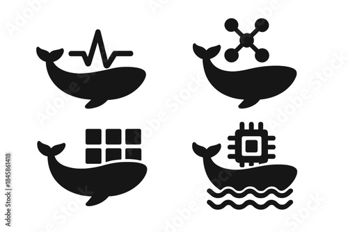 Whale Data Icons. Solid style icons of marine giant number crunching: whale silhouettes, pulse lines, data nodes, computation