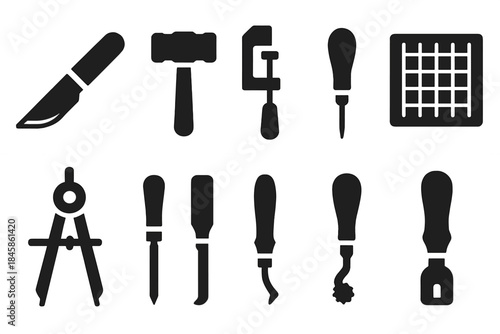 Workshop Tools Icons. Solid style icons of Workshop Tools: Knife, Mallet, Stitching Pony, Awl, Ruler, Cutting Mat, Compass, Chisel