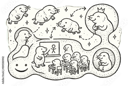 Whimsical Mole-Rat Classroom. Whimsical doodle mole-rat colony classroom with happy students, cartoon mole-rats floating, smiling