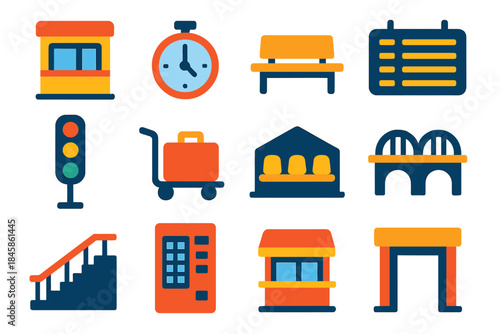 Modern Train Station Icons. Flat vector icons of Train Stations: ticket booth, station clock, platform bench, timetable board,