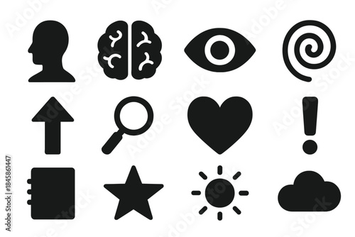 Awe-Inspired Icons. Solid style icons of psychology of awe: human silhouette, brain, eye, spiral, arrow, magnifying glass, heart,