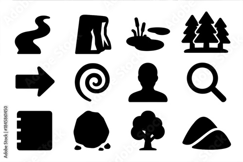 Natural Battle Obstacles. Solid style icons of natural obstacles in battles: river, cliff, swamp, forest, arrow, spiral, human