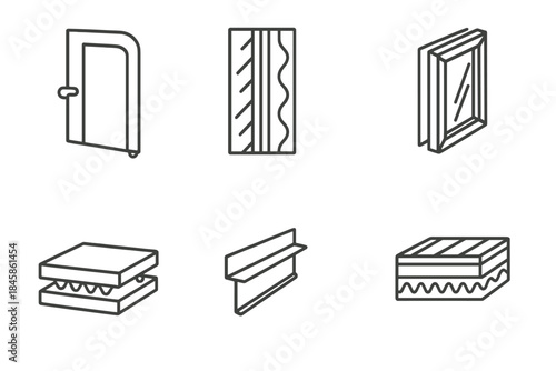 Soundproofing Icons Gallery. Line style icons of Soundproofing Techniques: door seal strip, layered wall section, acoustic window