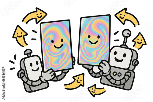 Joyful Glass Plates. Joyful doodle stress analysis with glass plates smiling, rainbow interference patterns swirling, cartoon