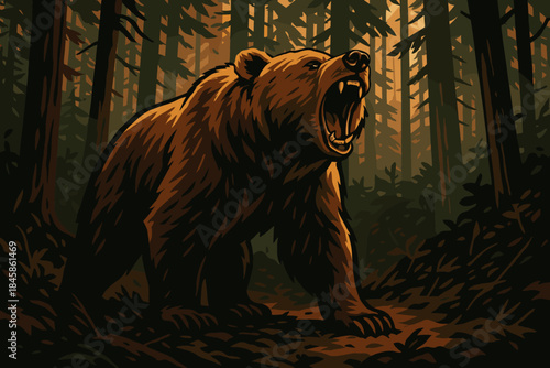 Roaring Grizzly in Forest. Wild grizzly bear roaring powerfully in a dense forest, dramatic lighting emphasizing its strength,