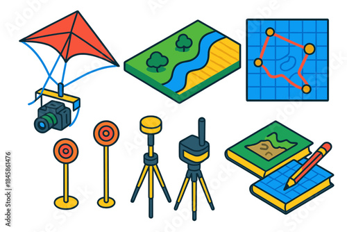 Kite Aerial Illustration. Isometric vector illustration set Kite aerial photography: kite rig with camera, aerial view of terrain,