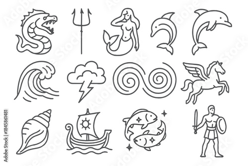 Sea Myth Icons. Line style icons of sea myths: sea monster, trident, siren, dolphin; giant wave, storm cloud, whirlpool, winged