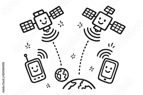 Smiling Satellite Network. Playful doodle GPS satellite network with happy satellites, smiling signals connecting to cartoon