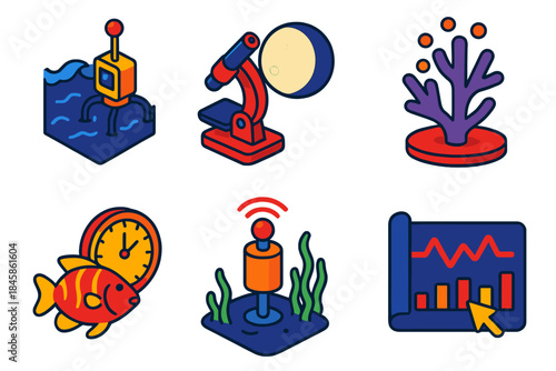 Marine Chronobiology Illustration. Isometric vector illustration set Chronobiology of marine organisms: tidal rhythm monitoring,
