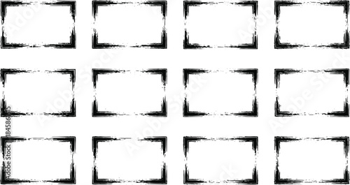 Set of twelve black grunge vector frames with distressed rectangular borders and ink texture for vintage design templates.