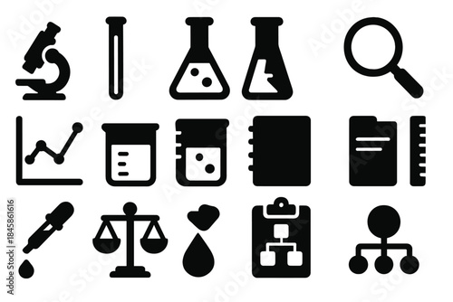 Solid Scientific Icons. Solid style icons of laboratory and scientific analysis: microscope, test tube, flask, magnifying glass,