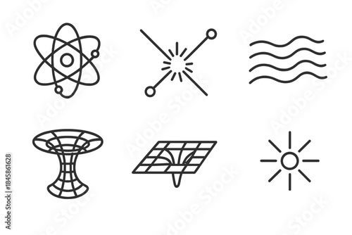 Astrophysics Icon Set. Line style icons of Astrophysics: atom, particle collision, gravitational wave, wormhole, spacetime grid,