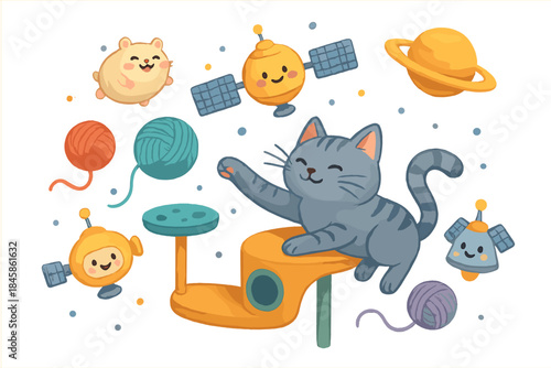 Zero-Gravity Cat Playground. Zero-gravity cat playground with floating yarn balls, playful satellites, and smiling space hamsters