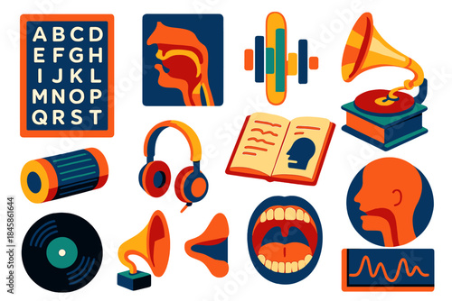 Isometric Phonetic Icons. Isometric vector illustration set Vintage Phonetics: international phonetic alphabet chart, vocal tract