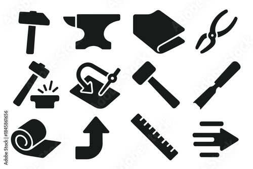 Metalworking Tool Icons. Solid style icons of work hardening and metal shaping: hammer, anvil, metal sheet, tongs, sparks, bending