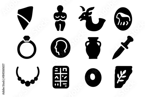 Archaeological Finds Icons. Solid style icons of Archaeological Finds: Shard, Figurine, Rhyton, Seal Stone, Ring, Coin, Jar,