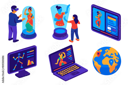 Future Dance Innovations. Isometric vector illustration set Future of Traditional Dance: VR cultural experience, holographic dance