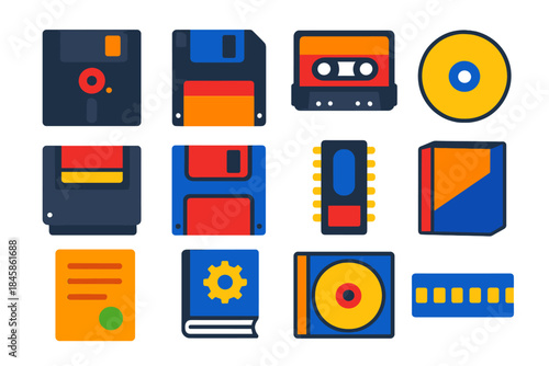 Vintage Media Icons. Flat vector icons of Vintage Software Media: 5.25 floppy, 3.5 floppy, cassette tape, CD-ROM, cartridge, ZIP