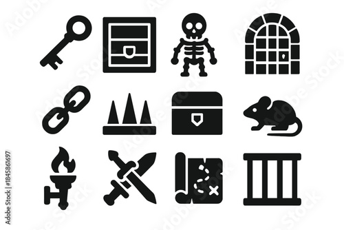 Forgotten Dungeon Icons. Solid style icons of Forgotten Dungeons: Rusty Key, Trapdoor, Skeleton, Dungeon Gate, Chains, Spikes,