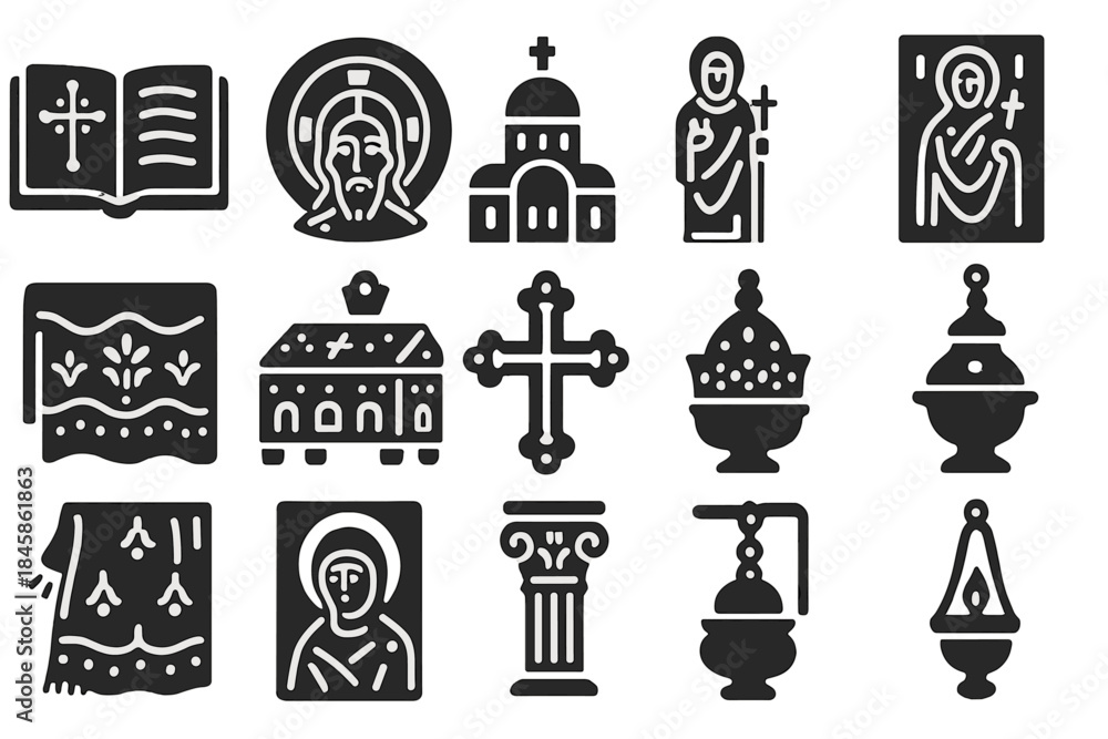 Naklejka premium Byzantine Art Icons. Solid style icons of Byzantine art and culture: illuminated manuscript, mosaic Christ face, domed basilica,