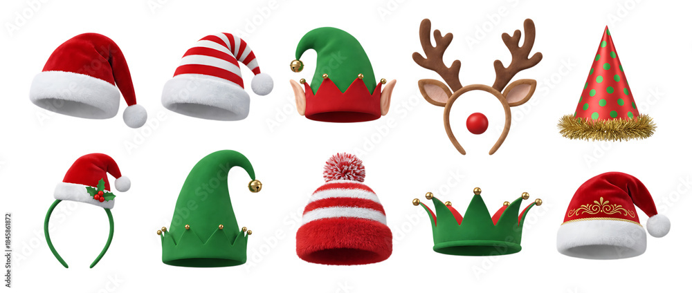 Obraz premium Christmas hats. Festive Santas red cap, elf hat with ears and Xmas deer antlers winter holidays party decoration elements vector illustration set