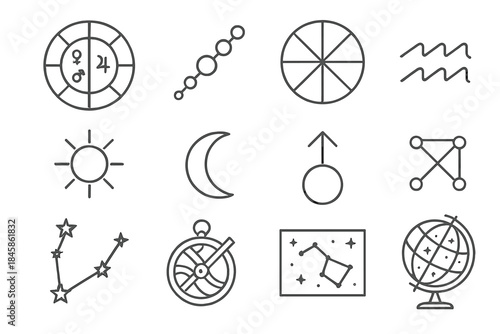 Astrology Line Icons. Line style icons of Astrology Study: Natal Chart, Planetary Alignment, House Division, Zodiac Sign; Sun