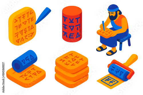 Cuneiform Writing Tools. Isometric vector illustration set Cuneiform Writing: clay tablet, wedge stylus, cylinder seal, ancient