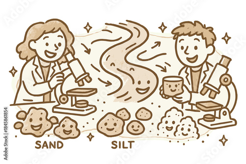 Playful River Lab. Joyful doodle river sediment lab with happy researchers, cartoon microscopes observing cheerful sand and silt