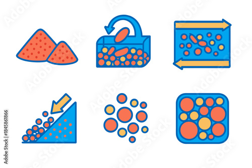 Granular Physics Icons. Isometric vector illustration set Physics of granular materials: granular material piles, Brazil nut
