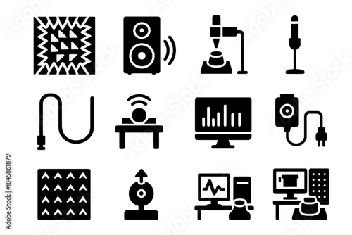 Experimental Acoustics Icons. Solid style icons of experimental acoustics: anechoic chamber, loudspeaker, laser vibrometer,