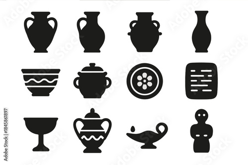 Ancient Pottery Icons. Solid style icons of Ancient Pottery: Greek Amphora, Roman Jug, Egyptian Pot, Chinese Vase, Tribal Bowl,