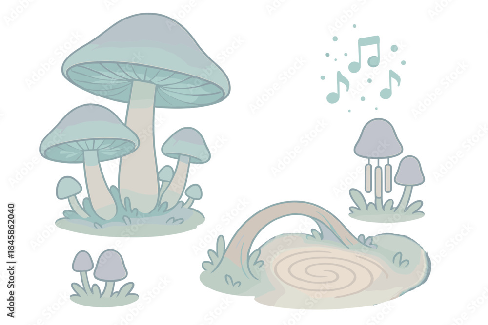 Naklejka premium Fungal Harmony Shrine. Isometric vector illustration set Fungal Harmony Shrine: giant bioluminescent mushrooms, chime-like fungi,