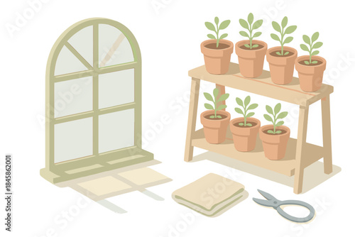 Greenhouse Window Scene. Isometric vector illustration set Greenhouse Window Scene: large window arch, herb seedlings, clay pots