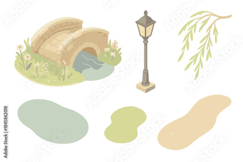 Charming Countryside Bridge. Isometric vector illustration set Old Countryside Bridge: cobblestone arch, wildflowers by the stream