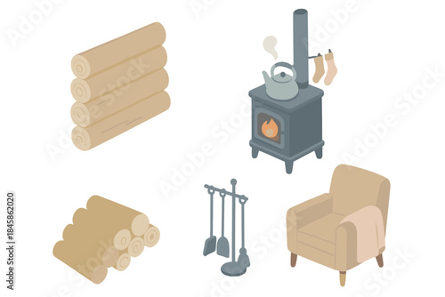 Cozy Cabin Scene. Isometric vector illustration set Cabin Fireplace Scene: log cabin wall, stacked wood, iron fireplace tools,