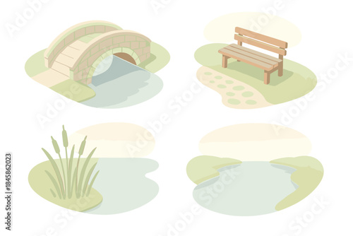 Riverside Serenity Icons. Isometric vector illustration set Riverside Serenity Spot: short arched bridge, pebble path, reeds by