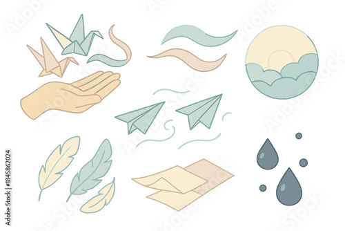 Whispering Paper Gale. Isometric vector illustration set Whispering Paper Gale: open hand releasing cranes, soft wind ribbons,