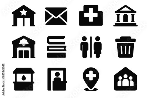 Services station hub waste fire community urban hall clinic vector icon kiosk